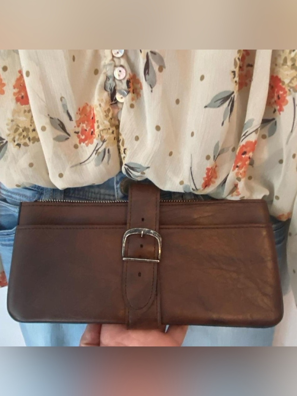 Vintage ROLFS Brown Genuine Leather Clutch Handbag – Retro Buckle Purse